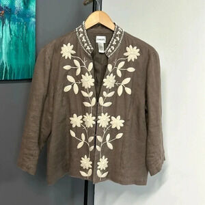 Chicos Size 2 Linen Blazer Jacket Boxy Fit Embroidered Beaded Floral‎ Brown